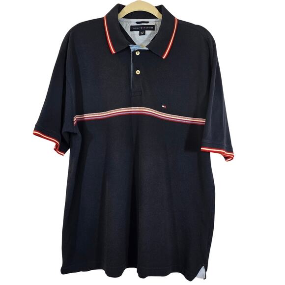 M Tommy Hilfiger Navy Striped Polo Shirt Mens Size XL Y2K Red White Flag Logo - Picture 1 of 10